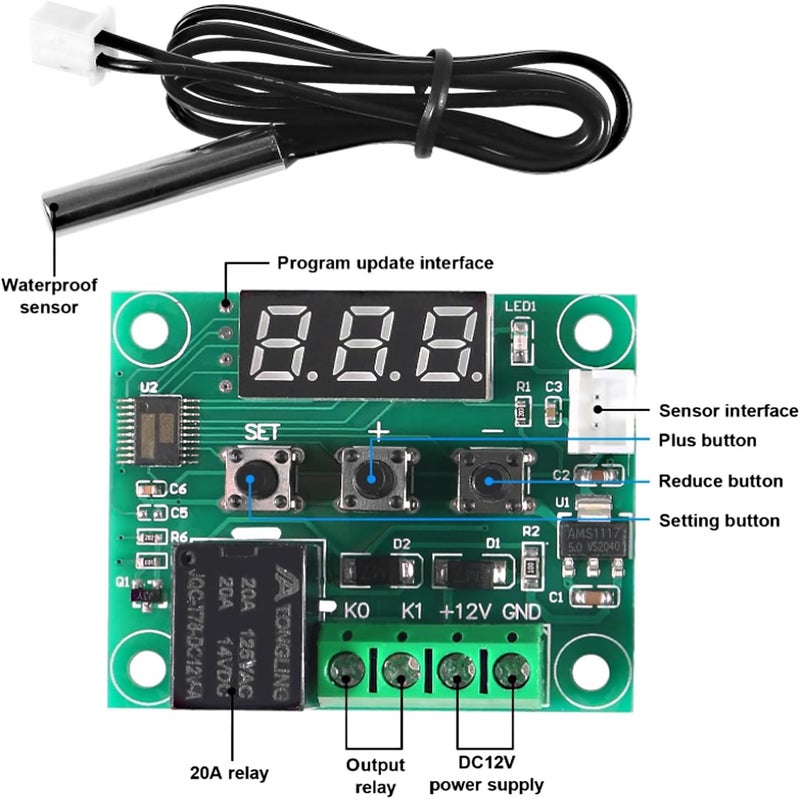 AEDIKO W1209 DC 12V Digital Temperature Controller Board Blue Digital Display Thermostat -50-110°C Electronic Temperature Temp Control Module Switch with Waterproof Case (1pc Red) - Image 2